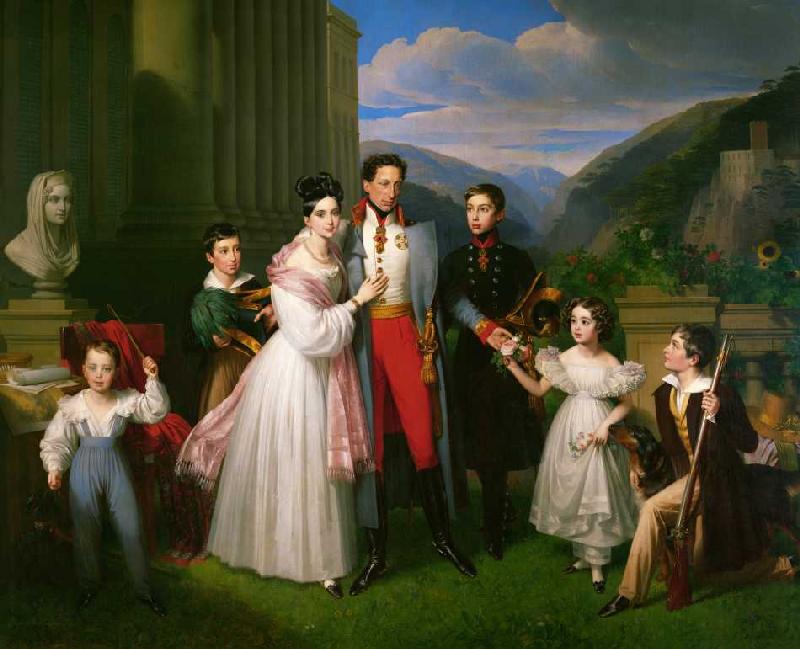 Erzherzog Karl mit Frau Henriette von Nassau-Weilburg und Kindern vor Schloss Weilburg in Baden nahe de Johann Nepomuk Ender