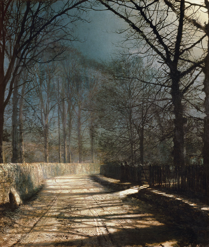 A Moonlit Lane, with two lovers by a gate de John Atkinson Grimshaw