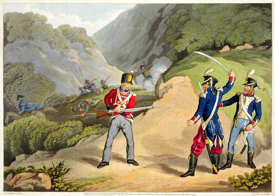 A British Soldier Taking Two French Officers at the Battle of the Pyrenees, engraved by Matthew Dubo de John Augustus Atkinson