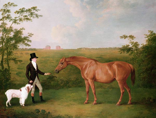 A Gentleman with a White Dog and a Chestnut Mare in a Landscape de John Boultbee