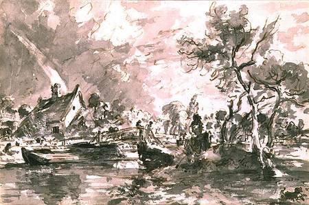 Flatford Old Mill Cottage on the Stour, pen and wash de John Constable