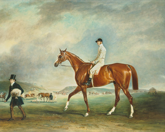 "The Cur" chestnut racehorse with jockey up on Newmarket Heath de John E. Ferneley d.J.