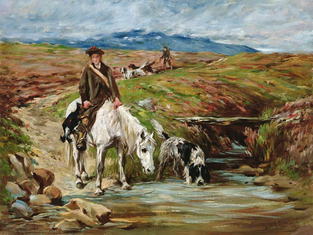 Horse and Spaniel Drinking from a Stream de John Emms