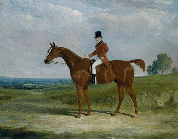 Sir Hugh Hamilton Mortimer, Master of the Old Surrey Foxhounds, on a chestnut hunter in an extensive de John Frederick Herring d.Ä.