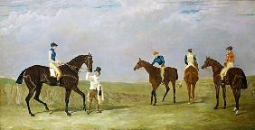 Preparing to start for the Doncaster Gold Cup, 1825, with Mr. Whitaker's "Lottery", Mr. Craven's "Lo