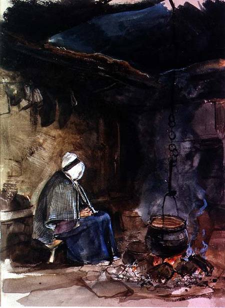 Watching the pot boil - a cottage interior de John Frederick Lewis
