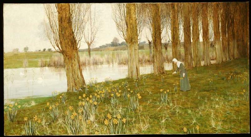 Poplars and narcissi at a channel de John George Sowerby