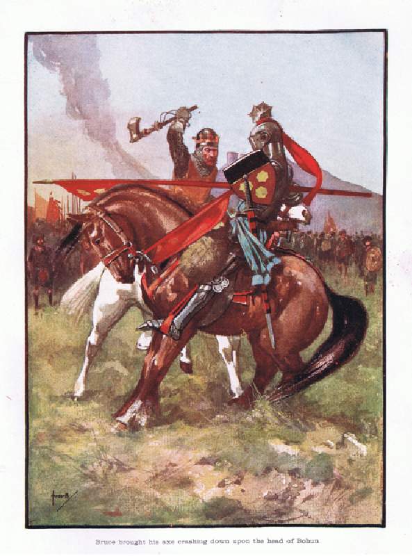 Bruce brought his battle axe crashing down on the head of Bohun, 1910 (colour litho) de John Hassall