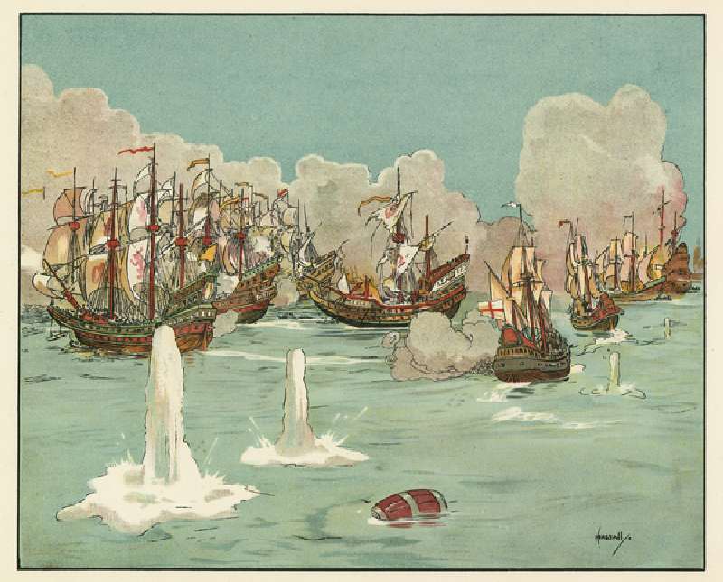 The first days fighting with the invincible Armada (colour litho) de John Hassall