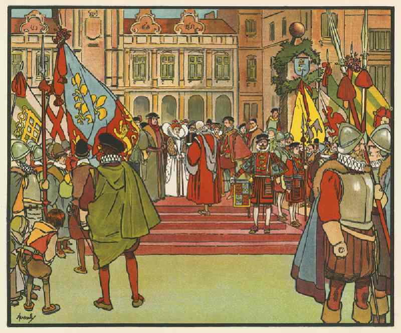 Elizabeth I proclaimed Queen at Hatfield (colour litho) de John Hassall