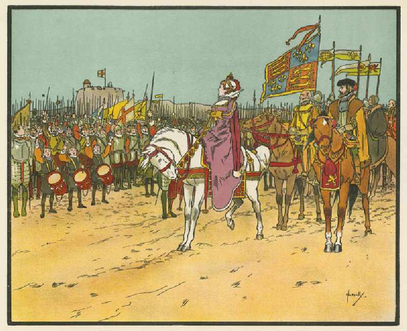 Elizabeth I reviews the troops at Tilbury (colour litho) de John Hassall