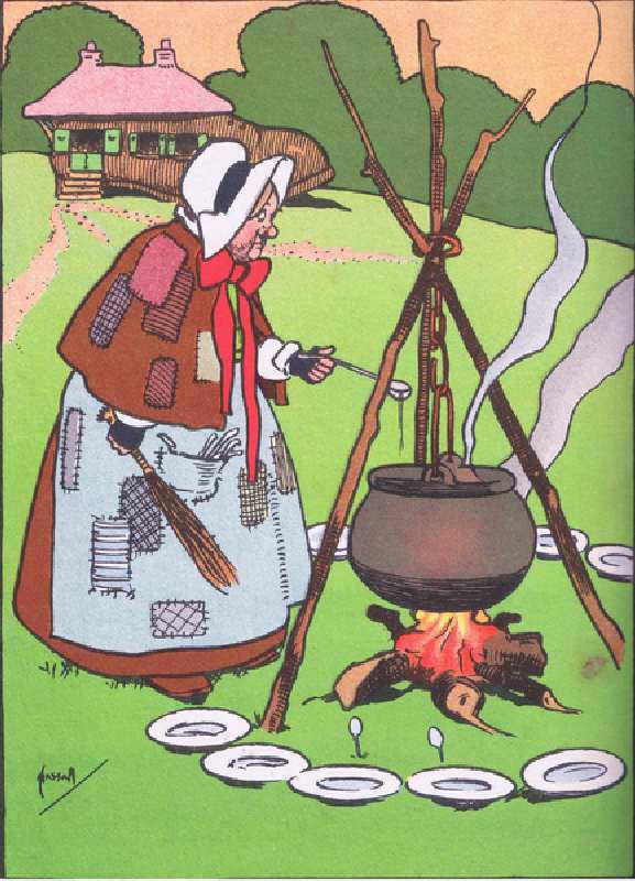 Cooking the broth, from Blackies Popular Nursery Rhymes published by Blackie and Sons Limited, c.192 de John Hassall