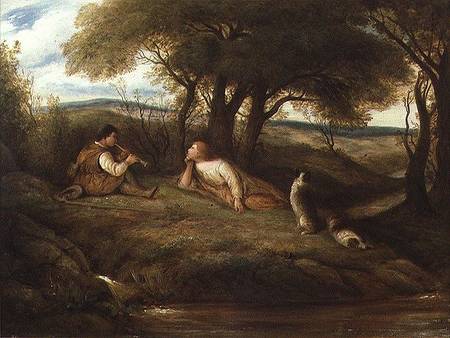 Young Man Playing Music to a Shepherd and his Dogs de John Linnell