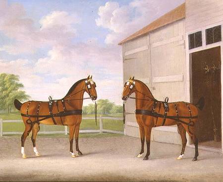 A Pair of Bay Carriage Horses in a Stable Yard de John Nost Sartorius