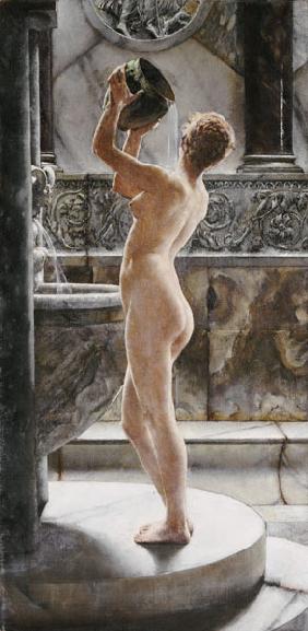 ''The Bath'': Green Pot, Golden Hair; Brown And Grey Marble