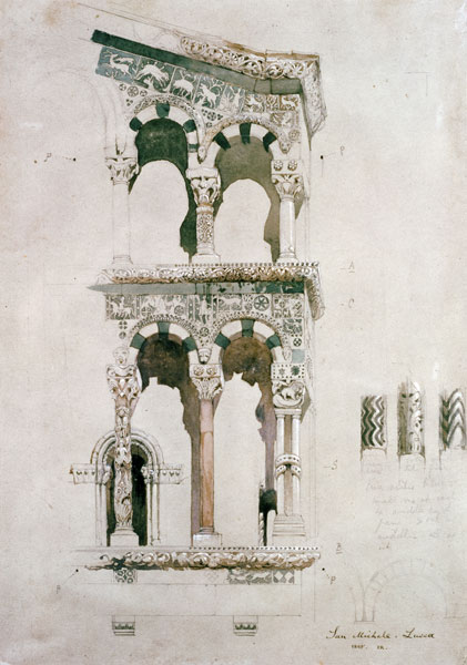 Detail of the facade of San Michele in Foro, Lucca, 1845 (w/c on paper) de John Ruskin