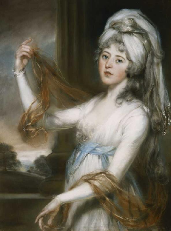 Porträt von Sarah, Ehefrau von Walker King, Bischof von Rochester in einem weißen Kleid mit einem bl de John Russell