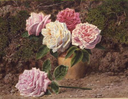 Roses in an Earthenware Vase by a Mossy Bank de John Sherrin