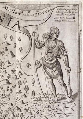 Susquehannock warrior, detail from Map of Virginia, engraved by William Hole (fl. 1607-24), publishe de John Smith