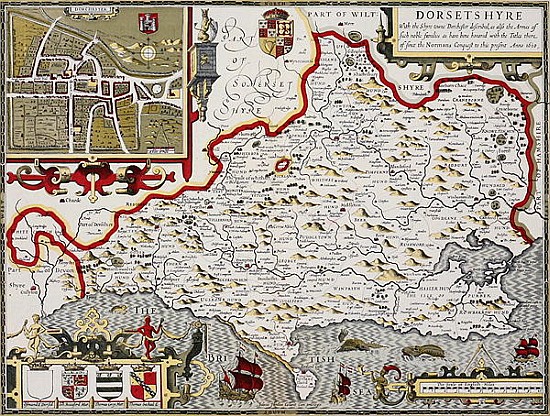 Dorsetshire; engraved by Jodocus Hondius (1563-1612) from John Speed''s Theatre of the Empire of Gre de John Speed
