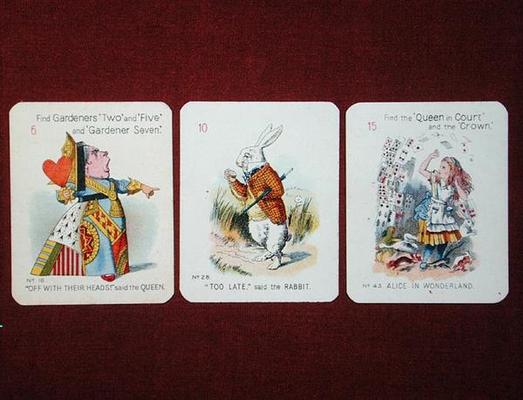 Three 'Happy Family' cards depicting characters from 'Alice in Wonderland' by Lewis Carroll (1832-98 de John Tenniel