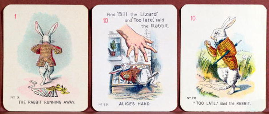 Three 'Happy Family' cards depicting characters from 'Alice in Wonderland' by Lewis Carroll (1832-98 de John Tenniel