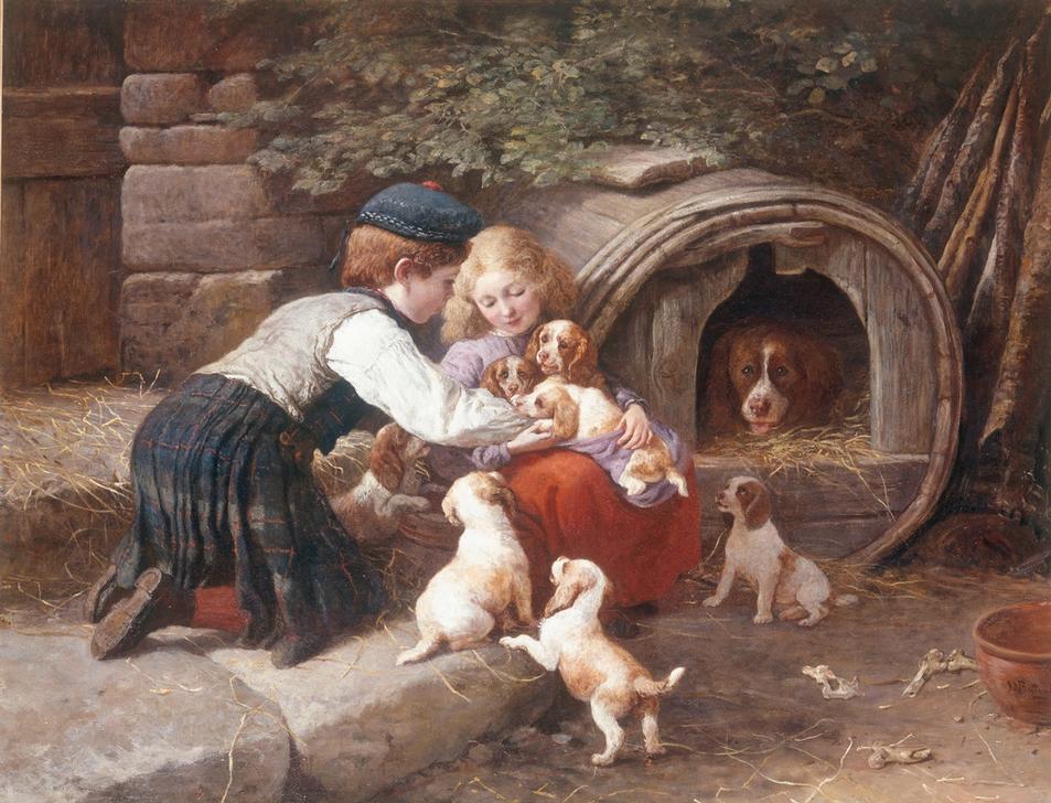 Playing with the Puppies de John William Bottomley