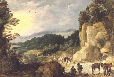 A Mountain Landscape with a Waterfall and Travellers at a Ford de Joos de Momper