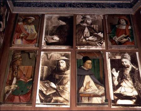The Study of Federigo da Montefeltro, Duke of Urbino, clockwise from TL: Euclides of Megara, Greek p de Joos van Gent