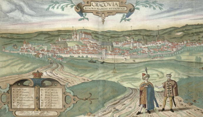 Map of Cracow, from 'Civitates Orbis Terrarum' by Georg Braun (1541-1622) and Frans Hogenberg (1535- de Joris Hoefnagel