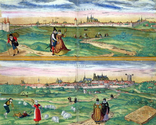 Map of Orleans and Bourges, from 'Civitates Orbis Terrarum' by Georg Braun (1541-1622) and Frans Hog de Joris Hoefnagel