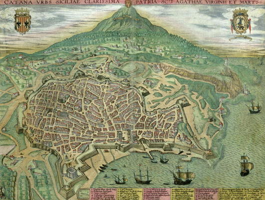 Map of Catania, from 'Civitates Orbis Terrarum' by Georg Braun (1541-1622) and Frans Hogenberg (1535 de Joris Hoefnagel