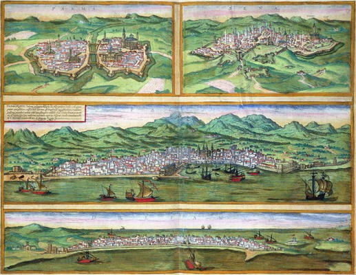 Map of Parma, Siena, Palermo, and Drepanum, from 'Civitates Orbis Terrarum' by Georg Braun (1541-162 de Joris Hoefnagel
