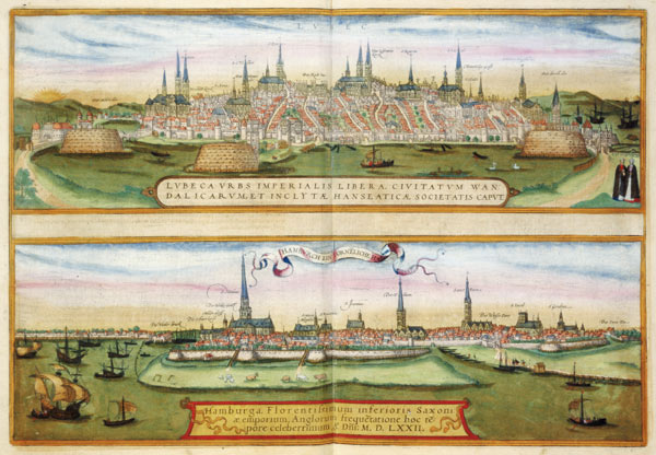 Map of Lubeck and Hamburg, from 'Civitates Orbis Terrarum' by Georg Braun (1541-1622) and Frans Hoge de Joris Hoefnagel