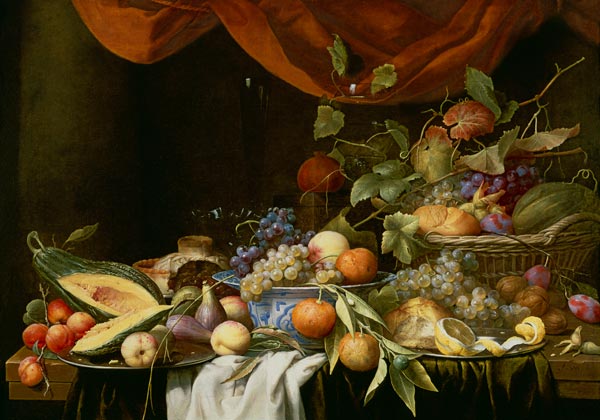 A Still Life of Fruit on a Draped Ledge de Joris van Son