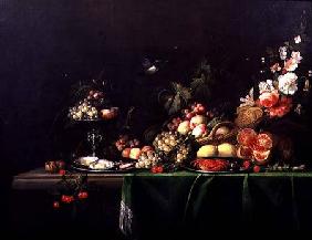 Still life of fruit with a squirrel