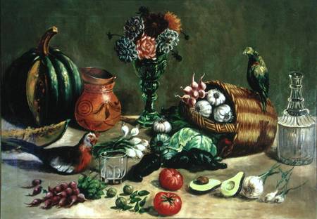 Still life with Pigeon, Parakeet and Vegetables de Jose Agustin Arrieta