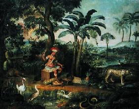 Native Indian in a landscape with animals