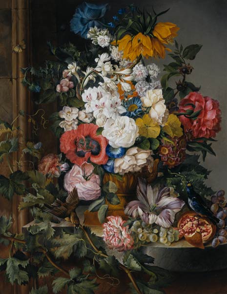 Great flower painting with fruits, birds and insec de Josef Schuster