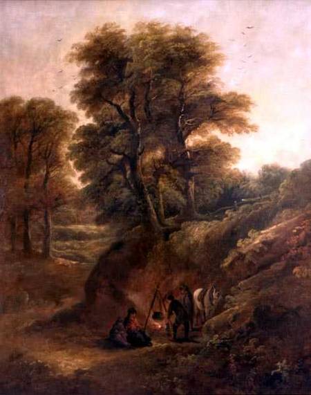 Wooded Landscape with Gypsies Round a Fire de Joseph Barker