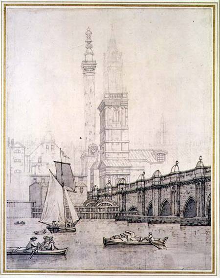 Old London Bridge and the Monument (pen & ink on paper) de Joseph Farington