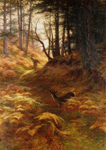 Woodland landscape with brushwood collector and ro de Joseph Farquharson