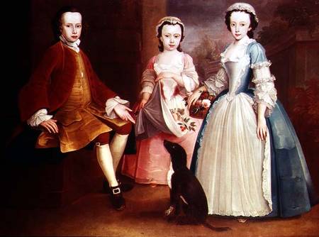 Sara, Anna and Evan Davies with their dog 99 : children; sisters; brother; dog; de Joseph Highmore