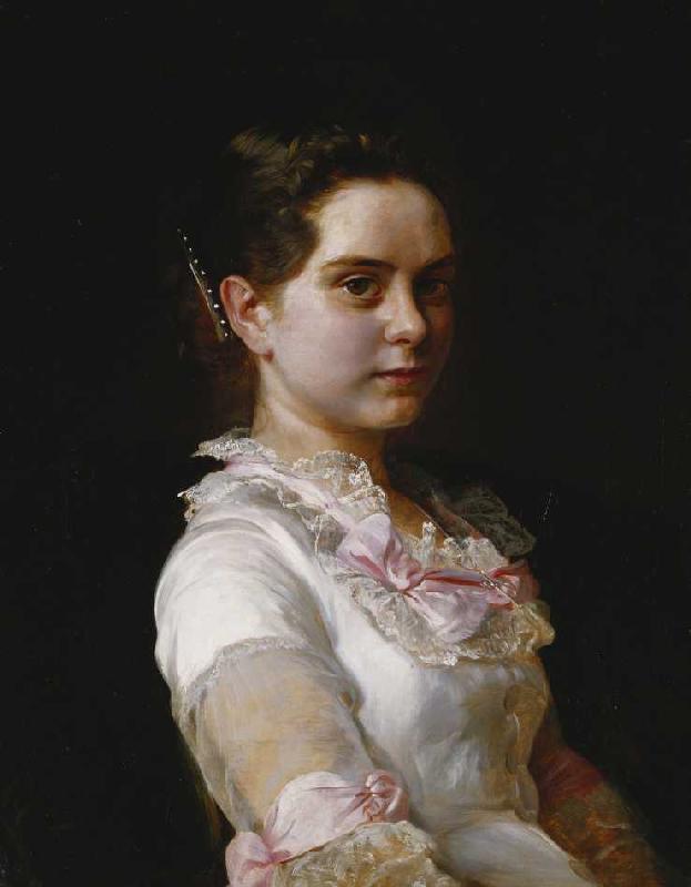 Porträt von Margarete Rieckehoer in weißem Kleid mit rosa Schleifen de Joseph Kostka