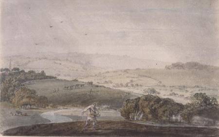 A Farmer Sowing, with a River Valley and Rolling Hills Beyond de William Turner