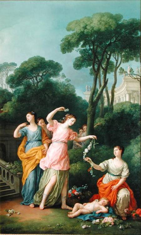 Young Greek Girls Adorning a Sleeping Cupid with Flowers de Joseph Marie Vien