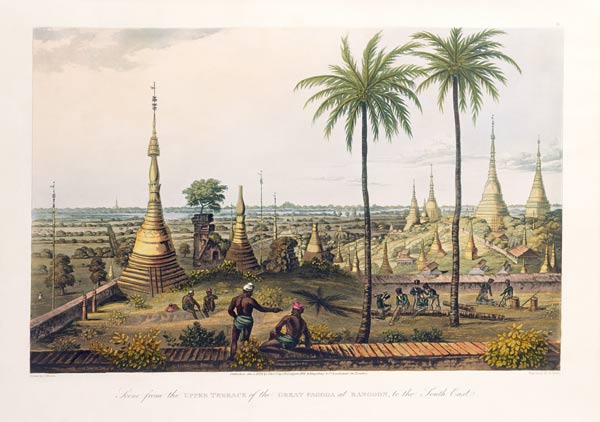 Scene from the Upper Terrace of the Great Pagoda at Rangoon, to the South East, engraved by H. Pyall de Joseph Moore