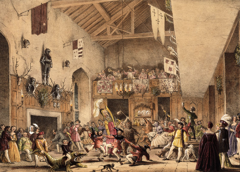 Twelfth Night Revels in the Great Hall, Haddon Hall, Derbyshire, from 'Architecture of the Middle Ag de Joseph Nash
