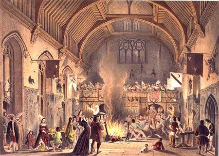 Banquet in the baronial hall, Penshurst Place, Kent, from 'Architecture in the Middle Ages' de Joseph Nash