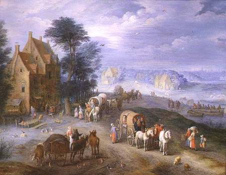 Landscape with peasants, carts and a ferry de Joseph van Bredael
